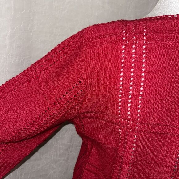 ILGWU S Cerise Pink Boatneck Reverse Knit Eyelet Pullover Sweater Crochet Trim - Picture 10 of 11